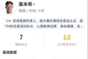 基米希此役无射无关键传球 6次长传2次成功+8次对抗5次成功+3次造犯规 得7分