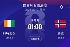 挪威对科特迪瓦1/16决赛，胜者将与巴西或日本胜者汇合进16强